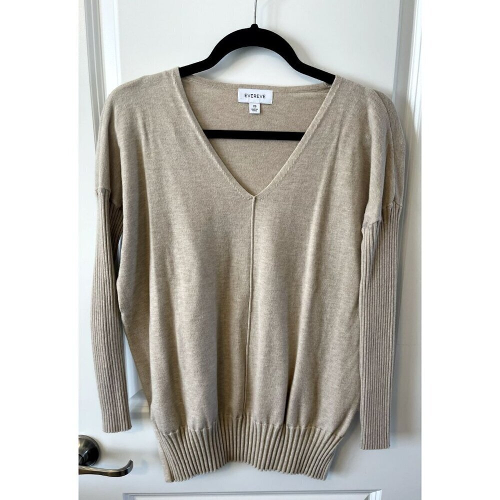 Evereve V-Neck Ribbed Sleeve Heathered Light Tan Tunic Sweater XS Viscose soft